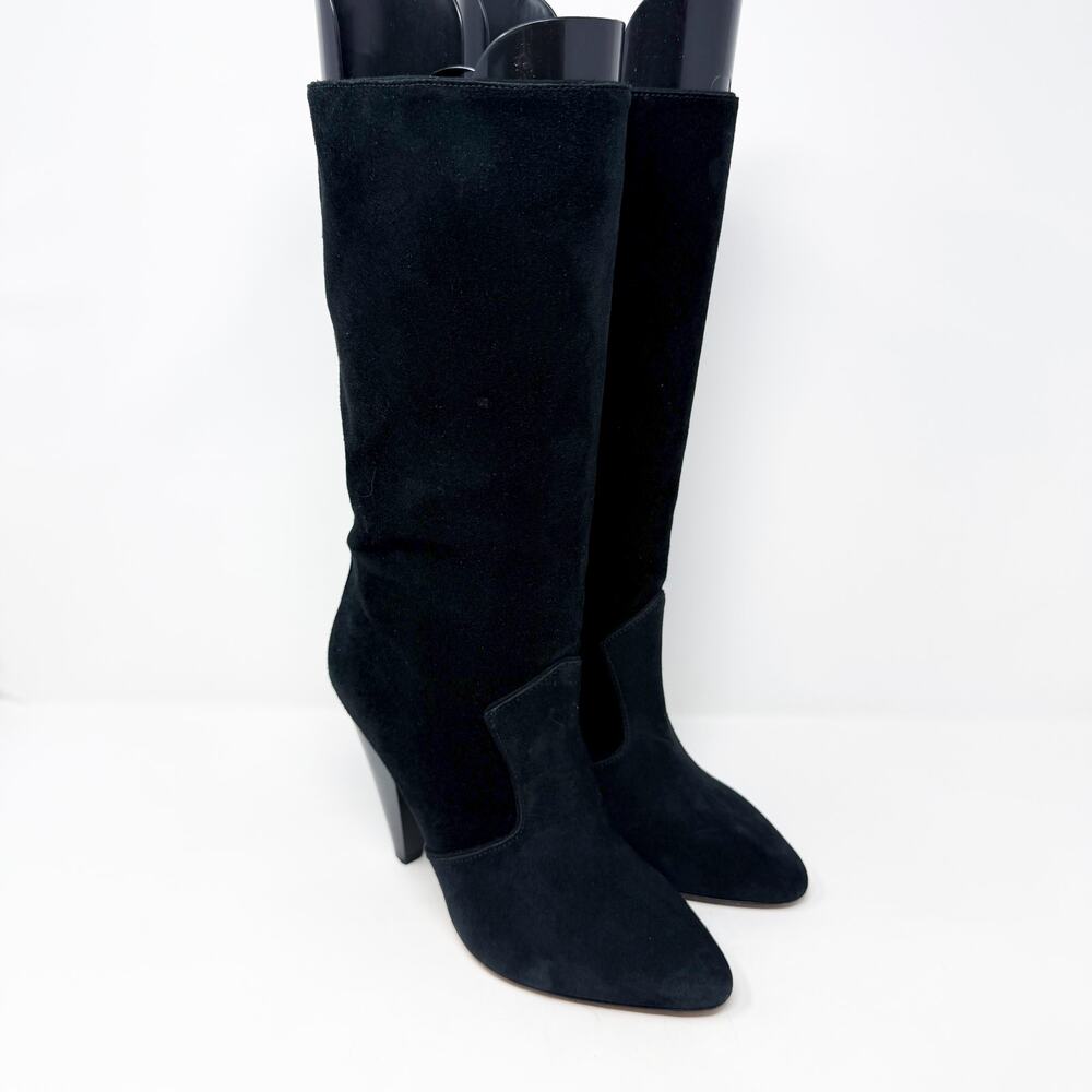 Veronica Beard Black Suede Mid Calf High Heel Boots Women's Size 38/7.5 Side Zip